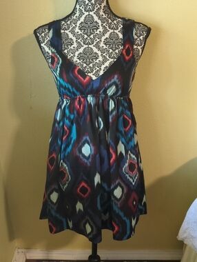 Roxy V-Neck Ikat Print Mini Dress in Navy, Teal & Red